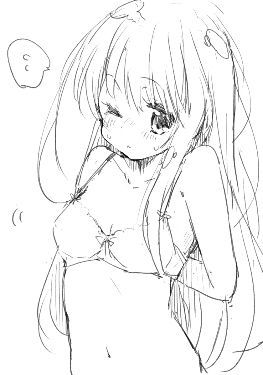 1girl blush bow bow_bra bra breasts cleavage collarbone highres long_hair looking_at_viewer medium_breasts minase_shuu monochrome navel one_eye_closed sketch standing sweat underwear undressing upper_body