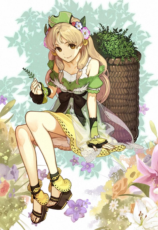 1girl ahoge atelier_(series) atelier_ayesha atelier_questboard ayesha_altugle bare_shoulders basket blonde_hair bow brown_eyes brown_footwear closed_mouth commentary_request dress floral_background flower full_body green_dress hair_flower hair_ornament holding_grass invisible_chair leaf long_hair looking_at_viewer off-shoulder_dress off_shoulder official_art purple_flower sandals second-party_source short_sleeves sitting smile solo waist_bow wrist_cuffs