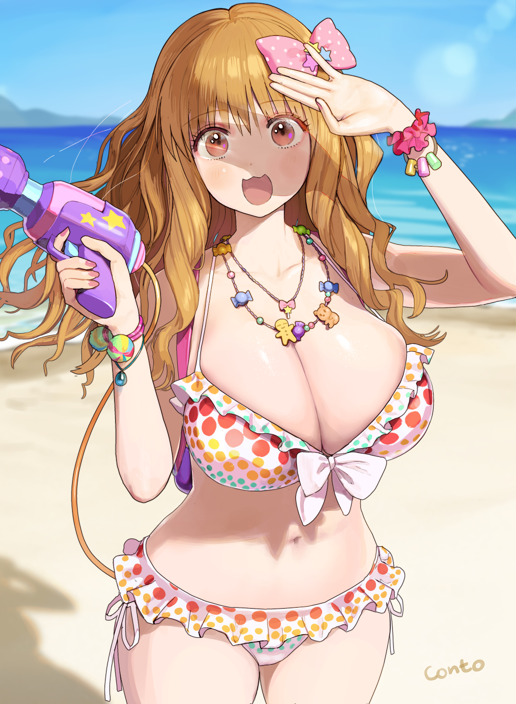 1girl artist_name beach bikini bow breasts brown_hair commentary conto english_commentary frilled_bikini frills hair_bow highres holding holding_water_gun idolmaster idolmaster_cinderella_girls jewelry large_breasts looking_at_viewer moroboshi_kirari navel necklace ocean open_mouth outdoors solo swimsuit water_gun wristband