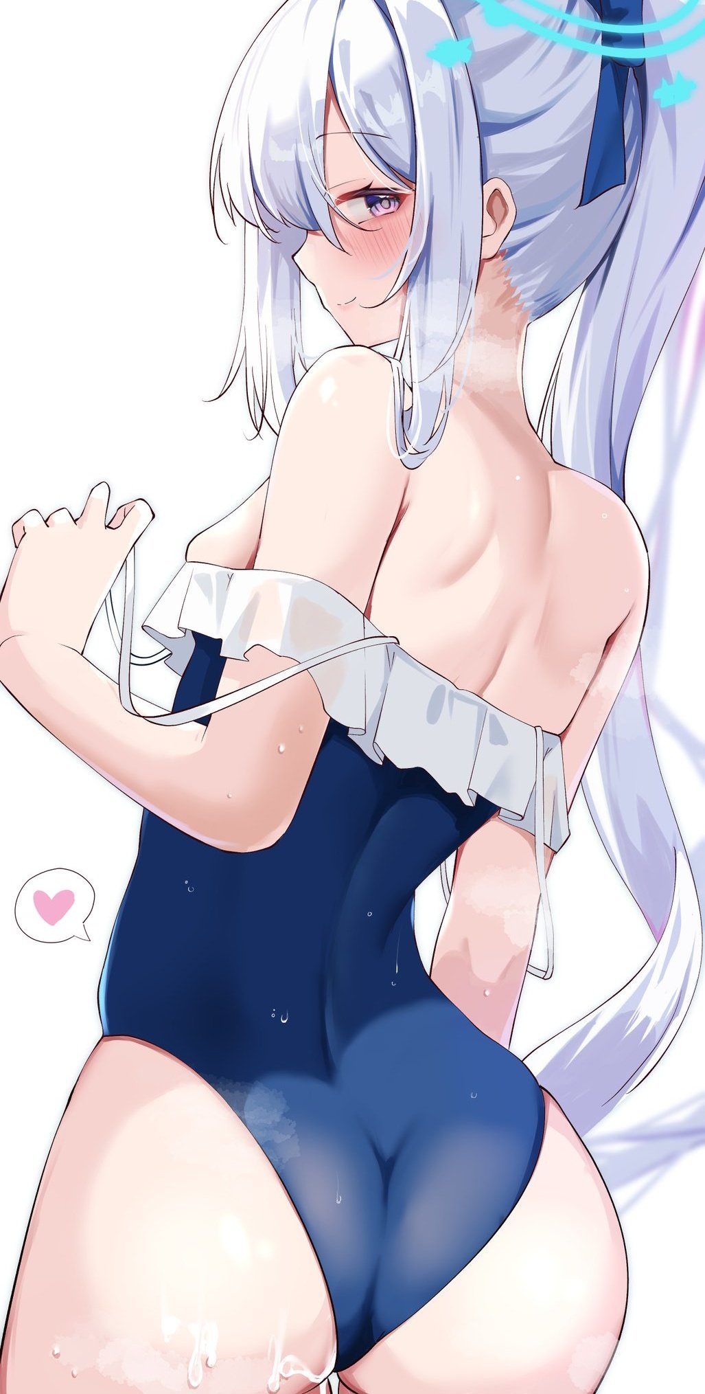 1girl ass back blue_archive blue_halo blue_one-piece_swimsuit calin casual_one-piece_swimsuit cum cum_on_ass cum_on_body frilled_one-piece_swimsuit frills from_behind halo heart highres implied_after_sex long_hair looking_at_viewer looking_back miyako_(blue_archive) miyako_(swimsuit)_(blue_archive) off-shoulder_one-piece_swimsuit off_shoulder official_alternate_costume one-piece_swimsuit ponytail purple_eyes smile solo spoken_heart strap_slip swimsuit white_background white_hair