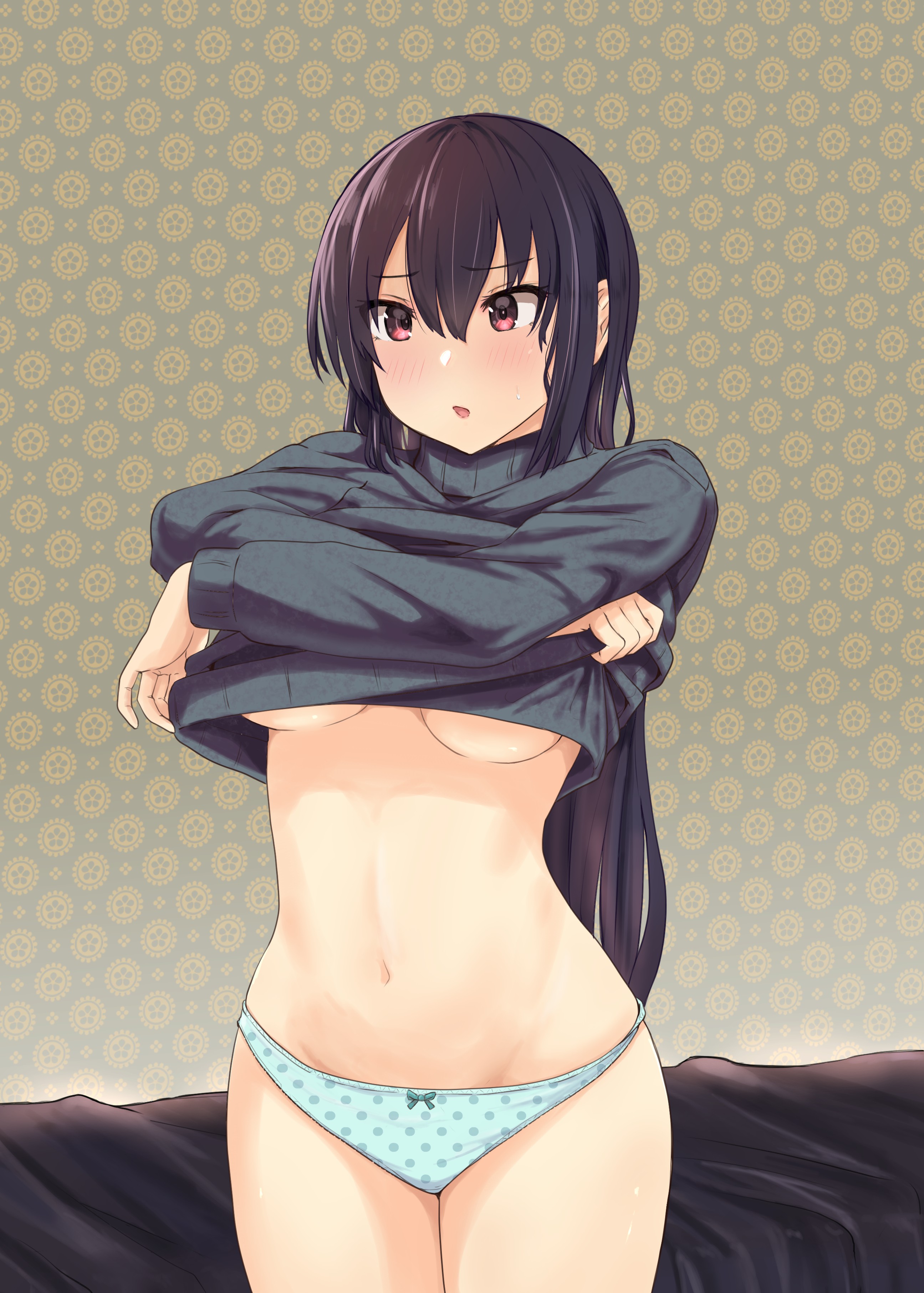 jouzaburou (joe3), nagato (kancolle), kantai collection, absurdres,  highres, 1girl, alternate costume, black hair, black sweater, blue panties,  bow, bow panties, breasts, clothes lift, cowboy shot, large breasts,  lifting own clothes, long hair,