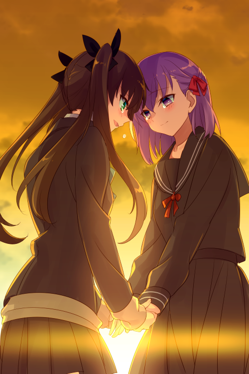 2girls black_sailor_collar black_serafuku black_shirt black_skirt blush breasts brown_hair crying echo_(circa) fate/stay_night fate_(series) green_eyes hair_ribbon holding_hands long_hair long_sleeves matou_sakura multiple_girls open_mouth orange_sky purple_eyes purple_hair ribbon sailor_collar school_uniform serafuku shirt siblings sisters skirt sky smile sunset tears tohsaka_rin twilight two_side_up