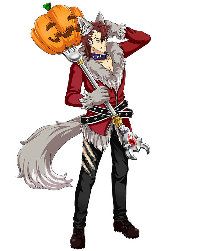 1boy animal_ears belt black_pants boots brown_footwear brown_hair collar collarbone fang fang_out fox_ears fox_tail full_body halloween_costume hand_on_own_head holding isaac_(log_horizon) jack-o&#039;-lantern log_horizon looking_at_viewer male_focus official_art pants pumpkin solo standing tail torn_clothes torn_pants transparent_background