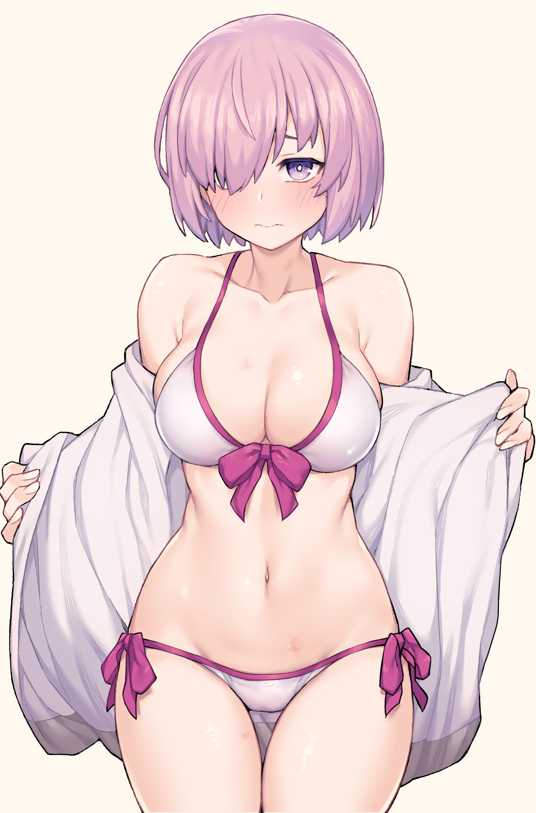 1girl 3: bare_shoulders beige_background bikini blush bow breasts cleavage closed_mouth collarbone commentary_request cowboy_shot embarrassed fate/grand_order fate_(series) front-tie_bikini_top front-tie_top hair_over_one_eye halterneck highres jacket jp06 large_breasts light_purple_hair looking_at_viewer mash_kyrielight mash_kyrielight_(swimsuit_of_perpetual_summer) navel off_shoulder official_alternate_costume open_clothes open_jacket pink_bow purple_eyes short_hair side-tie_bikini_bottom simple_background solo standing stomach string_bikini swimsuit thigh_gap white_bikini