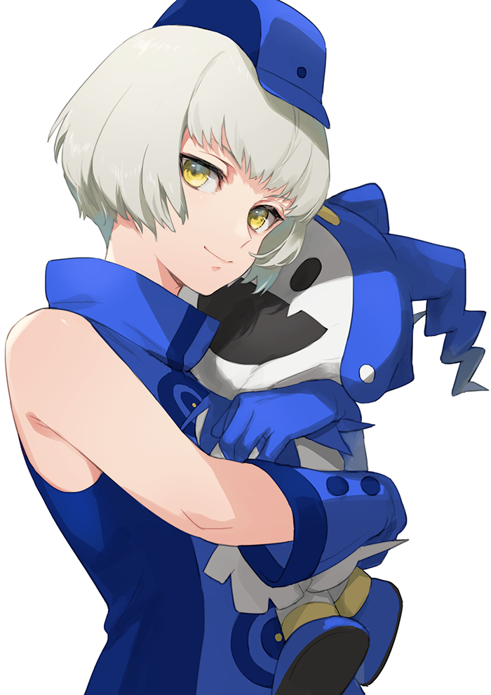 1girl blue_dress blue_gloves blue_hat character_doll closed_mouth dress elizabeth_(persona) gloves grey_hair hat holding hugging_doll hugging_object isa_(peien516) jack_frost_(megami_tensei) looking_at_viewer persona persona_3 short_hair simple_background sleeveless sleeveless_dress solo stuffed_toy upper_body white_background yellow_eyes