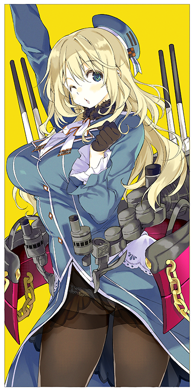 1girl atago_(kancolle) beret black_gloves blonde_hair blue_hat breasts chain chestnut_mouth cowboy_shot female_focus gloves green_eyes hat kantai_collection large_breasts long_hair machinery military military_uniform one_eye_closed pan-pa-ka-paaan! panties panties_under_pantyhose pantyhose shimeji_(4_me_ji) simple_background solo standing thighband_pantyhose underwear white_panties yellow_background