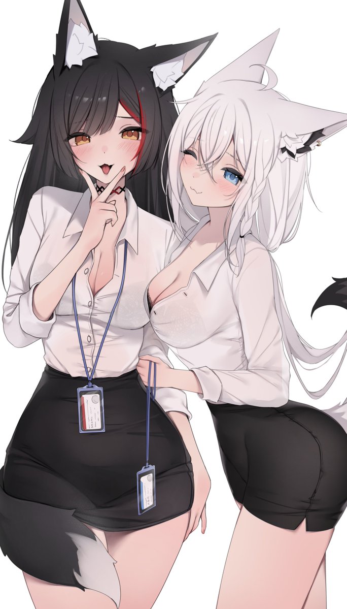 2girls :3 ahoge alternate_costume animal_ear_fluff animal_ear_piercing animal_ears black_hair black_skirt blue_eyes blush bra_visible_through_clothes braid breasts brown_eyes cleavage closed_mouth collared_shirt commentary_request cowboy_shot crossed_bangs dress_shirt fang fingernails fox_ears fox_girl fox_tail grey_hair hair_between_eyes hand_up hiroside hololive id_card lanyard large_breasts legs_together long_fingernails long_hair looking_at_viewer miniskirt multicolored_hair multiple_girls office_lady one_eye_closed ookami_mio open_mouth parted_bangs partially_unbuttoned pencil_skirt red_hair see-through_clothes see-through_shirt shirakami_fubuki shirt shirt_tucked_in side_braid simple_background single_braid skin_fang skirt sleeves_rolled_up standing streaked_hair swept_bangs tail tail_around_own_leg tail_raised tongue tongue_out v v_over_mouth very_long_hair virtual_youtuber white_background white_shirt wolf_ears wolf_girl wolf_tail