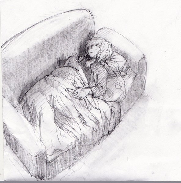 1boy blanket couch closed_eyes garactor_aduki graphite_(medium) long_hair male_focus mikan_muzou monochrome ponytail sketch sleeping solo soutarou_(mikan_muzou) traditional_media