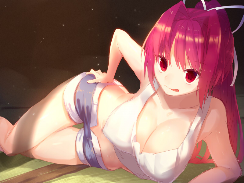 1girl :p bad_id bad_pixiv_id breasts cleavage female_focus hair_ribbon large_breasts long_hair lying midriff navel on_side pointy_breasts ponytail purple_hair red_eyes ribbon short_shorts shorts solo tank_top tatami thigh_gap tongue tongue_out under_night_in-birth unzipped yusano yuzuriha_(under_night_in-birth)