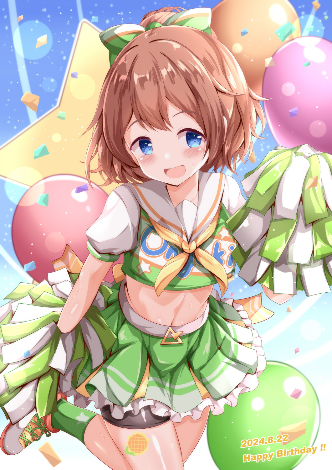 1girl :d balloon bike_shorts black_shorts blue_eyes blush bow brown_hair cheerleader commentary_request crop_top dated frilled_skirt frills green_bow green_skirt green_socks hair_bow happy_birthday highres hinata_chinatsu looking_at_viewer midriff navel neckerchief ongeki open_mouth pleated_skirt pom_pom_(cheerleading) ponytail puffy_short_sleeves puffy_sleeves shoes short_sleeves shorts shorts_under_skirt skirt smile socks solo star_(symbol) white_footwear xenon_(for_achieve) yellow_neckerchief