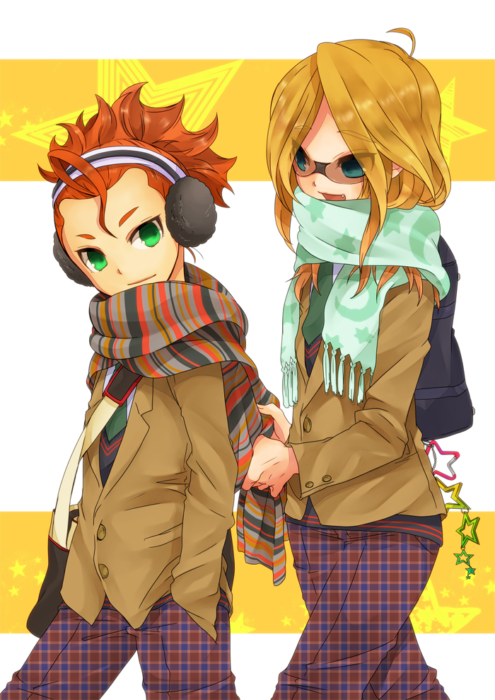 2boys bag blonde_hair blue_eyes coat earmuffs fang goggles green_eyes headband inazuma_eleven inazuma_eleven_(series) inazuma_eleven_go kita_ichiban long_hair memeo_(candy_house) multiple_boys nishinosora_yoichi open_mouth orange_hair ponytail scarf school_uniform short_hair smile trap