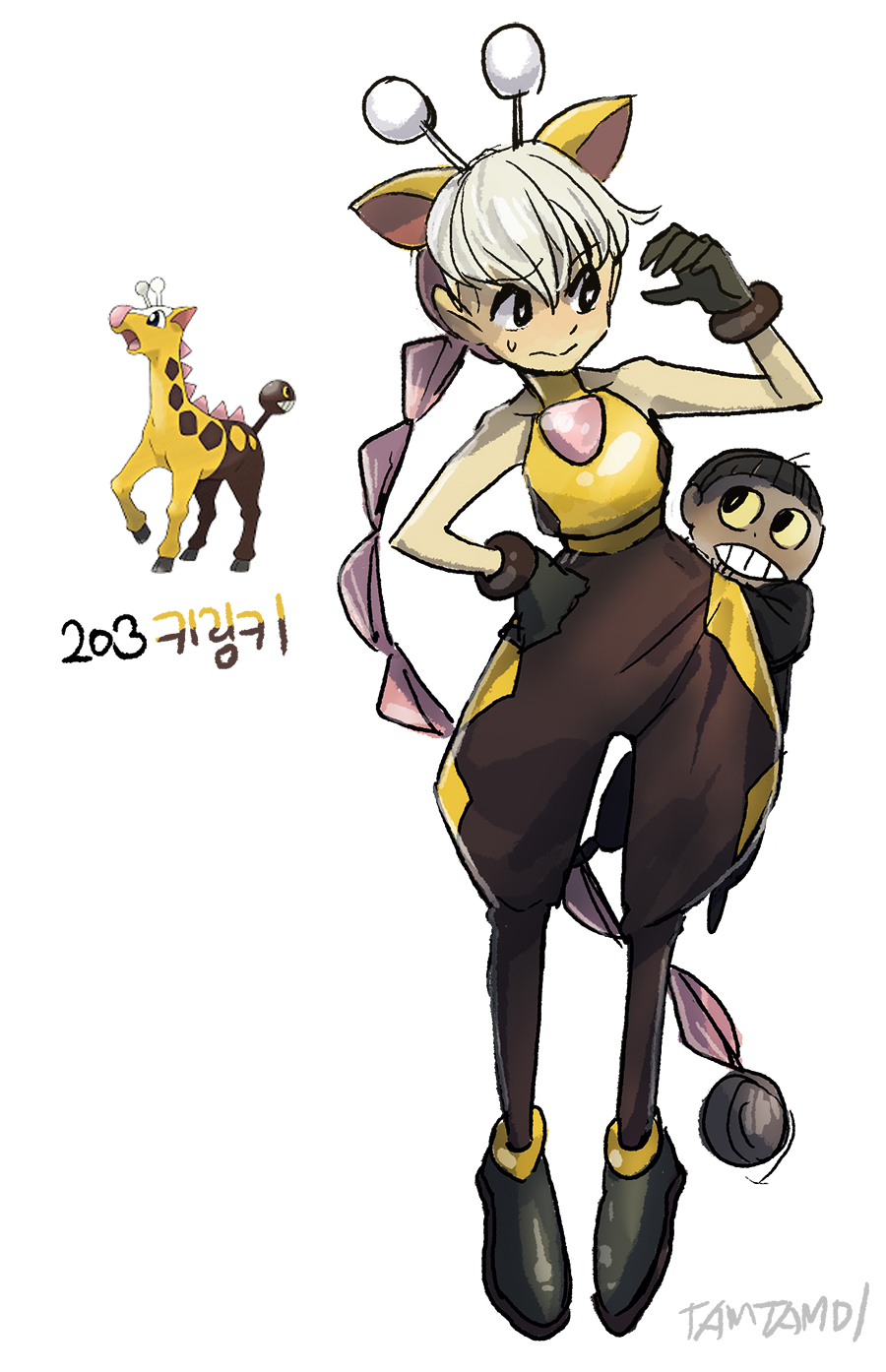 1boy 1girl black_eyes black_gloves bright_pupils brown_pants brown_pantyhose collarbone commentary creatures_(company) full_body game_freak gen_2_pokemon girafarig gloves highres long_braid nintendo pants pantyhose personification pokemon animal_ears shirt smile sweatdrop tamtamdi translated white_hair white_pupils yellow_shirt