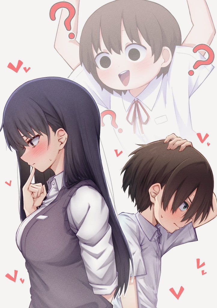 1boy 2girls ? arm_up black_hair blue_eyes blush boku_no_kokoro_no_yabai_yatsu brown_eyes brown_sweater_vest closed_mouth collared_shirt finger_to_mouth grey_background hand_on_own_head heart ichikawa_kyoutarou kobayashi_chihiro_(bokuyaba) long_hair multiple_girls open_mouth profile school_uniform shirt short_hair short_sleeves simple_background summer_uniform sweater_vest tro_illust0821 upper_body white_shirt wide-eyed yamada_anna