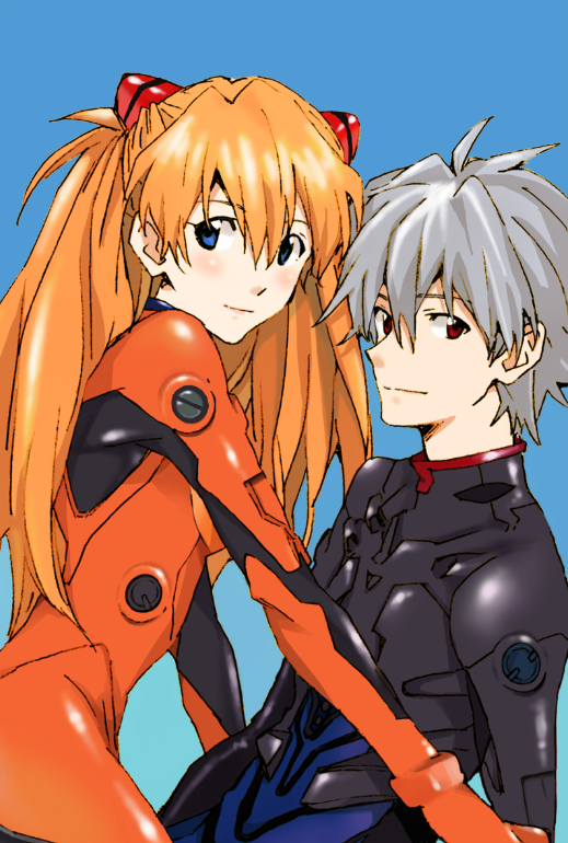 1boy 1girl blue_background blue_eyes bodysuit grey_hair interface_headset light_smile long_hair mako_(macomaco7) mecha_pilot_suit nagisa_kaworu neon_genesis_evangelion orange_hair plugsuit red_eyes simple_background skin_tight soryu_asuka_langley souryuu_asuka_langley