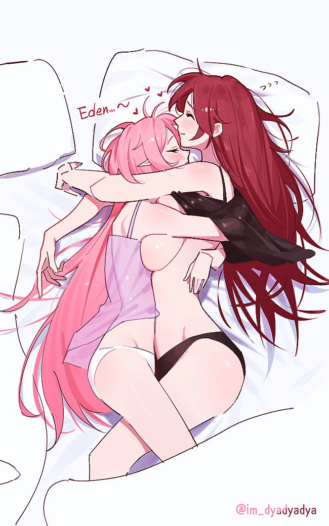 2girls bare_legs black_panties breasts breasts_out camisole character_name couple dyadyadya eden_(honkai_impact) elf elysia_(honkai_impact) hand_on_another&#039;s_back heart honkai_(series) honkai_impact_3rd hug large_breasts long_hair lying multiple_girls on_bed on_side panties pillow pink_hair pointy_ears red_hair see-through_clothes see-through_camisole thighs twitter_username underwear white_panties yuri