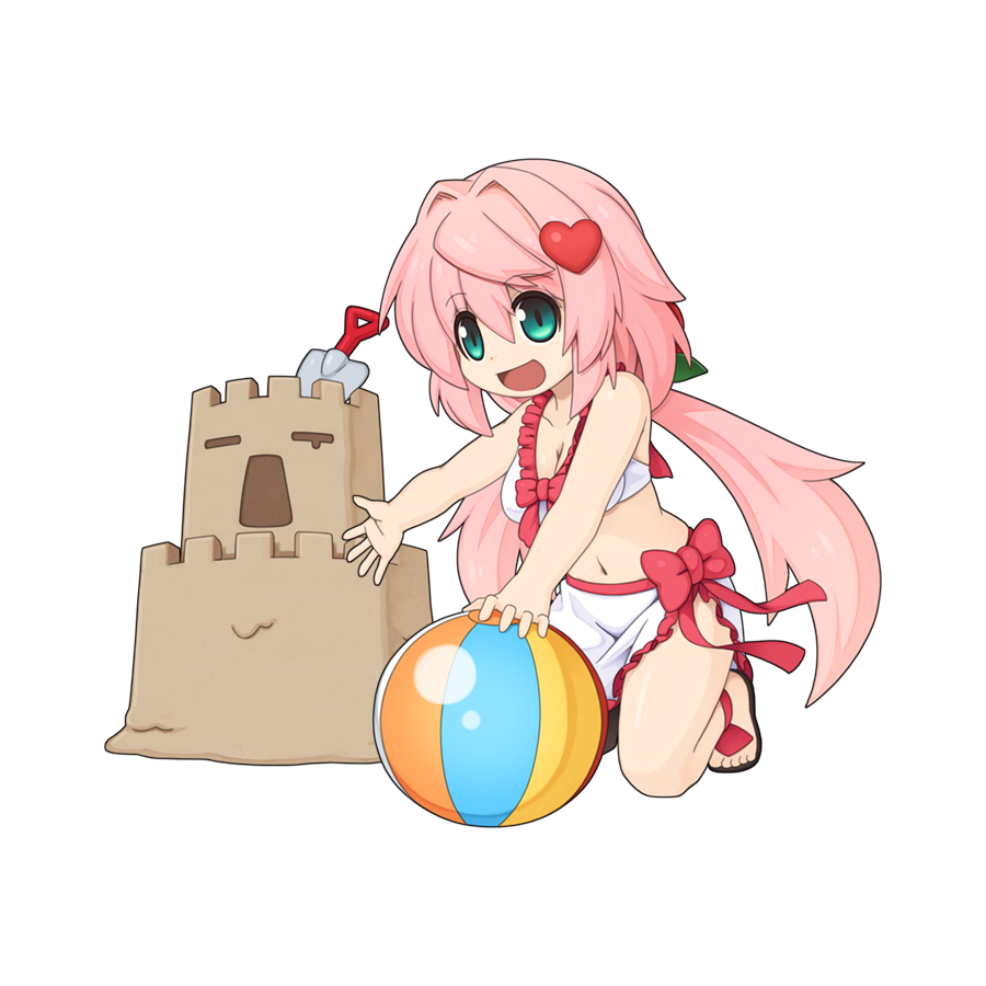 1girl :d ball beachball bikini bikini_skirt black_footwear blue_eyes breasts chibi chibi_only cleavage flip-flops frilled_bikini frills full_body hair_intakes hair_ornament heart heart_hair_ornament kneeling looking_at_viewer low_twintails medium_breasts navel official_art open_mouth ragnarok_online sand_castle sand_sculpture sandals simple_background sleeper_(ragnarok_online) smile solo swimsuit transparent_background trowel twintails white_bikini yuichirou