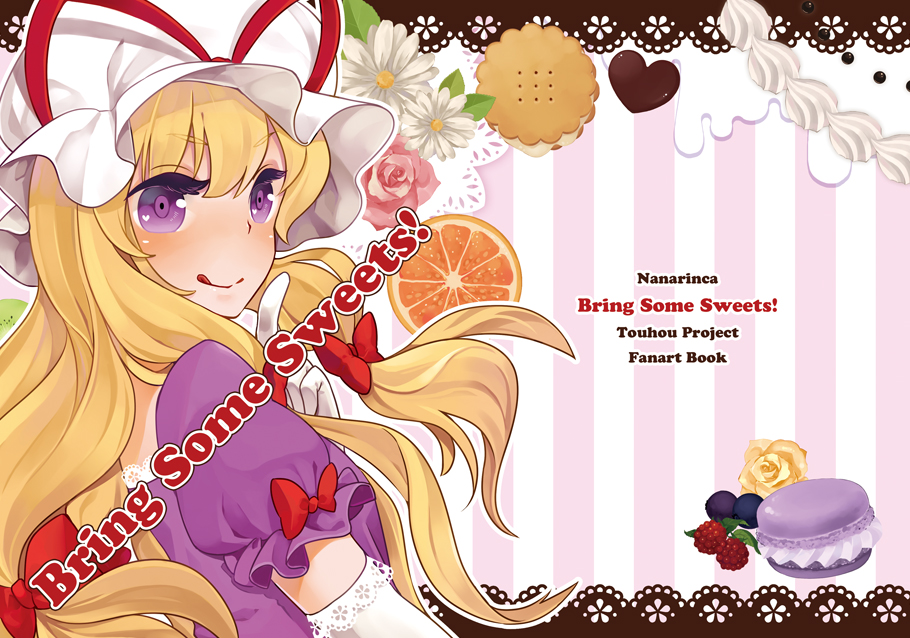 1girl blonde_hair bow candy cherry chocolate chocolate_heart cookie cover dress elbow_gloves female_focus flower food fruit gloves hair_bow hat hat_ribbon heart kiwi_(fruit) long_hair looking_back macaron nanarinca orange_(fruit) plum plum_(fruit) pointing puffy_sleeves purple_dress purple_eyes raspberry ribbon rose short_sleeves solo tongue tongue_out touhou white_gloves yakumo_yukari