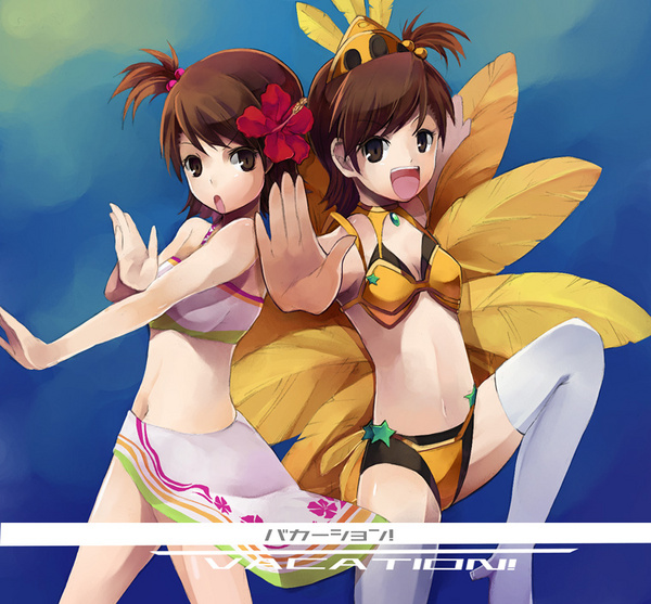 00s 2girls flower futami_ami futami_mami hibiscus idolmaster idolmaster_(classic) idolmaster_1 multiple_girls otome_samba pos_(shiratama-ya) samba siblings sisters thighhighs twins