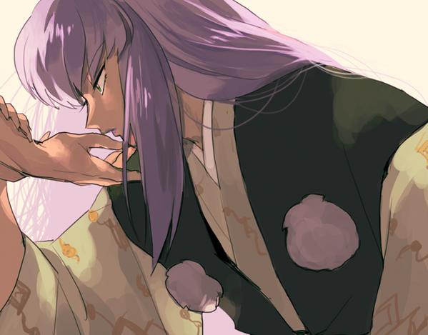 1boy androgynous eyelashes from_side hand_up holding_another&#039;s_arm inuyasha japanese_clothes juuroumaru kimono kiss kissing_hand leaning_forward long_hair looking_at_another looking_away male_focus mumu2126 out_of_frame pom_pom_(clothes) profile purple_hair sidelocks solo_focus upper_body vest