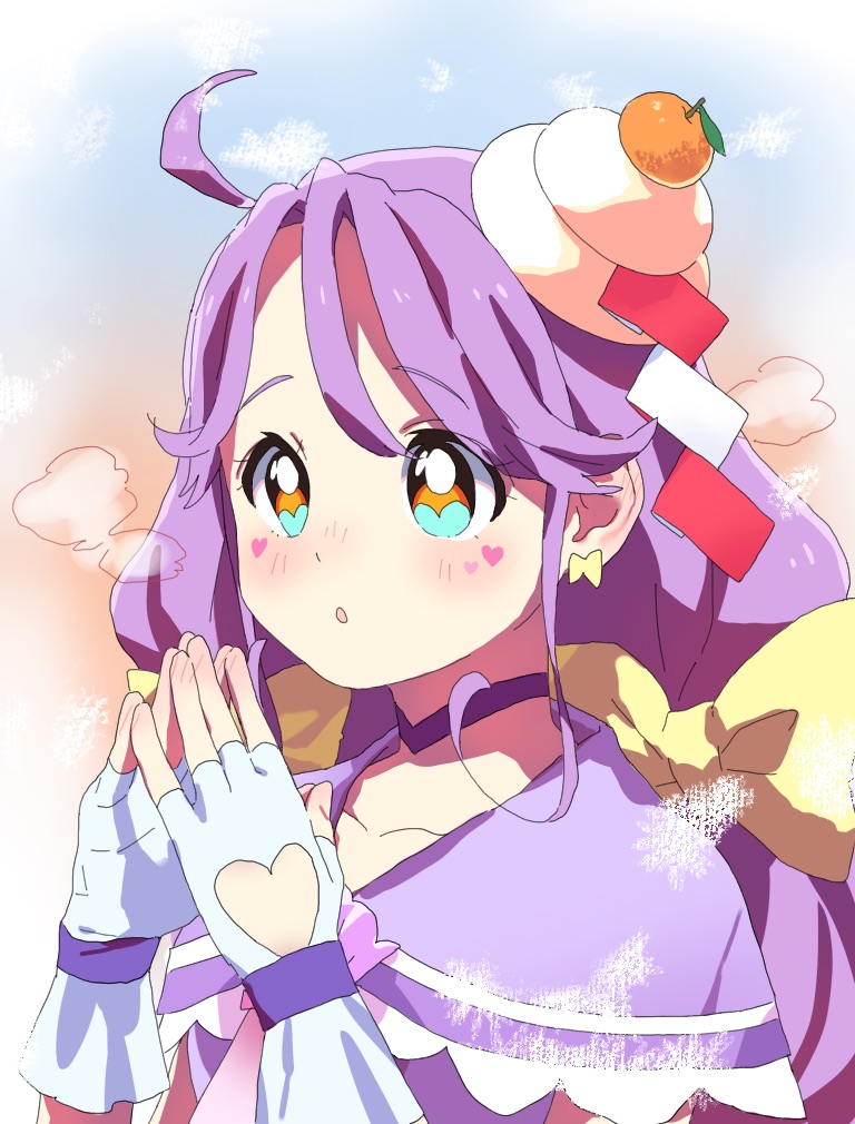 1girl ahoge aqua_eyes bow bow_earrings breath choker clothing_cutout cure_coral earrings facial_mark fingerless_gloves gloves hair_bow heart heart_cutout heart_facial_mark heart_in_eye hiji_rida jewelry long_hair magical_girl multi-tied_hair multiple_hair_bows open_mouth orange_eyes precure purple_choker purple_hair purple_sailor_collar sailor_collar solo suzumura_sango symbol_in_eye tropical-rouge!_precure white_gloves