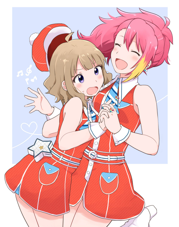 2girls ^_^ ahoge bare_shoulders blonde_hair blue_background blue_eyes blue_necktie blush border breasts brown_hair closed_eyes cowboy_shot dress flat_chest floating_hair floating_hat from_side heart holding_hands idolmaster idolmaster_million_live! idolmaster_million_live!_theater_days interlocked_fingers jelly_pop_beans looking_at_another maihama_ayumu medium_breasts multicolored_hair multiple_girls musical_note necktie open_hand open_mouth outside_border pink_hair pocket pom_pom_(clothes) ponytail red_dress short_hair sleeveless sleeveless_dress smile standing star_ornament streaked_hair striped_necktie suou_momoko sweatdrop tc829_(teco15) wavy_hair white_border white_footwear white_wrist_cuffs wrist_cuffs