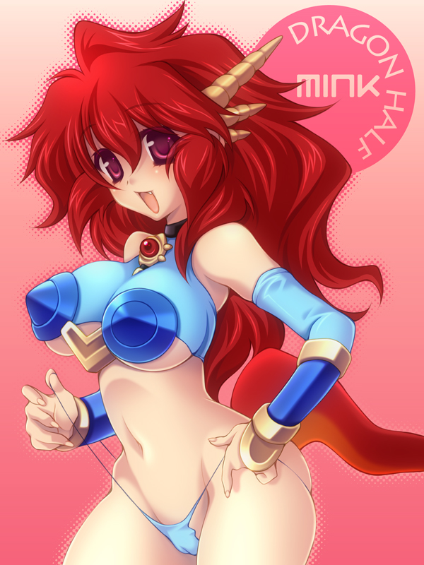 1girl blue_panties breasts cameltoe character_name copyright_name crop_top dragon_girl dragon_half dragon_horns female_focus hakoiri_nyanko halterneck horns large_breasts long_hair mink_(dragon_half) navel panties panty_pull pink_background red_eyes red_hair skindentation smile solo thong underboob underwear wrist_cuffs