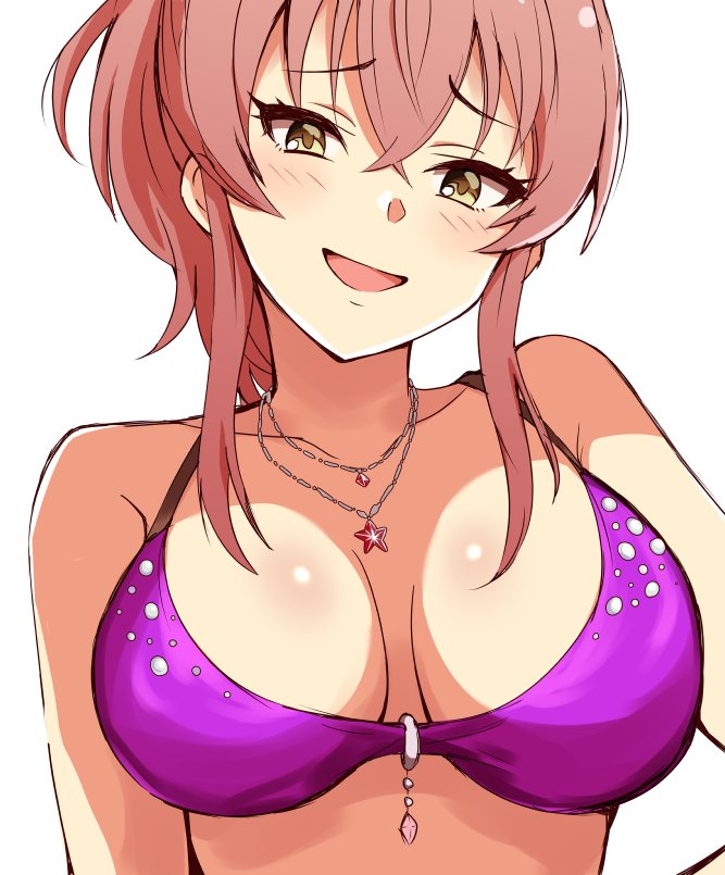 10s 1girl bikini blush breasts breasts_apart cleavage collarbone eyelashes female_focus idolmaster idolmaster_cinderella_girls jewelry jougasaki_mika keikesu large_breasts looking_at_viewer necklace pendant pink_hair purple_bikini sidelocks smile smug solo swimsuit white_background yellow_eyes