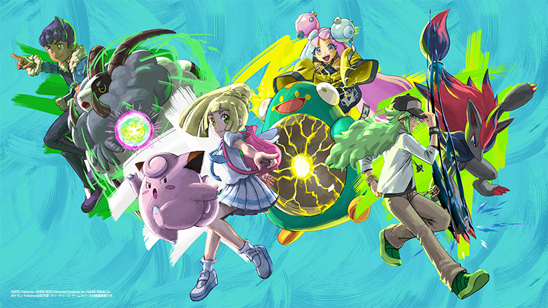 2boys 2girls :d aqua_background backpack bag bellibolt blonde_hair bow-shaped_hair character_hair_ornament clefairy commentary_request creatures_(company) dark-skinned_male dark_skin dubwool fur-trimmed_jacket fur_trim game_freak gen_1_pokemon gen_5_pokemon gen_8_pokemon green_footwear green_hair hair_ornament hand_on_headwear hat hop_(pokemon) iono_(pokemon) jacket lillie_(pokemon) long_hair multicolored_hair multiple_boys multiple_girls n_(pokemon) nintendo official_art open_mouth pants pleated_skirt pointing pokemon pokemon_(creature) pokemon_bw pokemon_sm pokemon_sv pokemon_swsh ponytail shirt shoes short_hair short_sleeves skirt smile socks two-tone_hair watermark white_shirt white_skirt zoroark