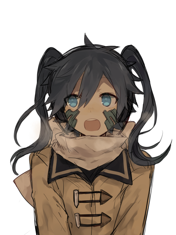 1girl aaniko alternate_costume black_sailor_collar blue_eyes blue_hair breath brown_coat coat collared_coat commentary_request dark_blue_hair ene_(kagerou_project) eyes_visible_through_hair facial_mark hair_between_eyes headphones kagerou_project long_bangs long_hair looking_to_the_side mekakucity_actors open_mouth sailor_collar scarf simple_background sketch solo teeth toggles twintails upper_body upper_teeth_only white_background white_scarf winter_clothes