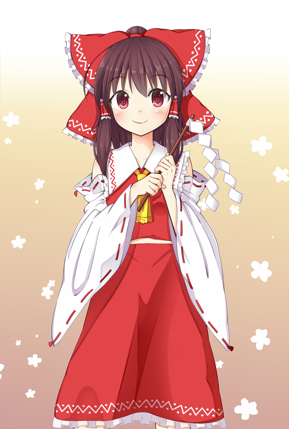 1girl ascot bare_shoulders boushi_(nandemo) bow brown_hair cowboy_shot detached_sleeves female_focus gohei hair_bow hair_tubes hakurei_reimu highres holding long_hair looking_at_viewer midriff midriff_peek nandemo118 nontraditional_miko red_eyes skirt skirt_set smile solo standing touhou wide_sleeves