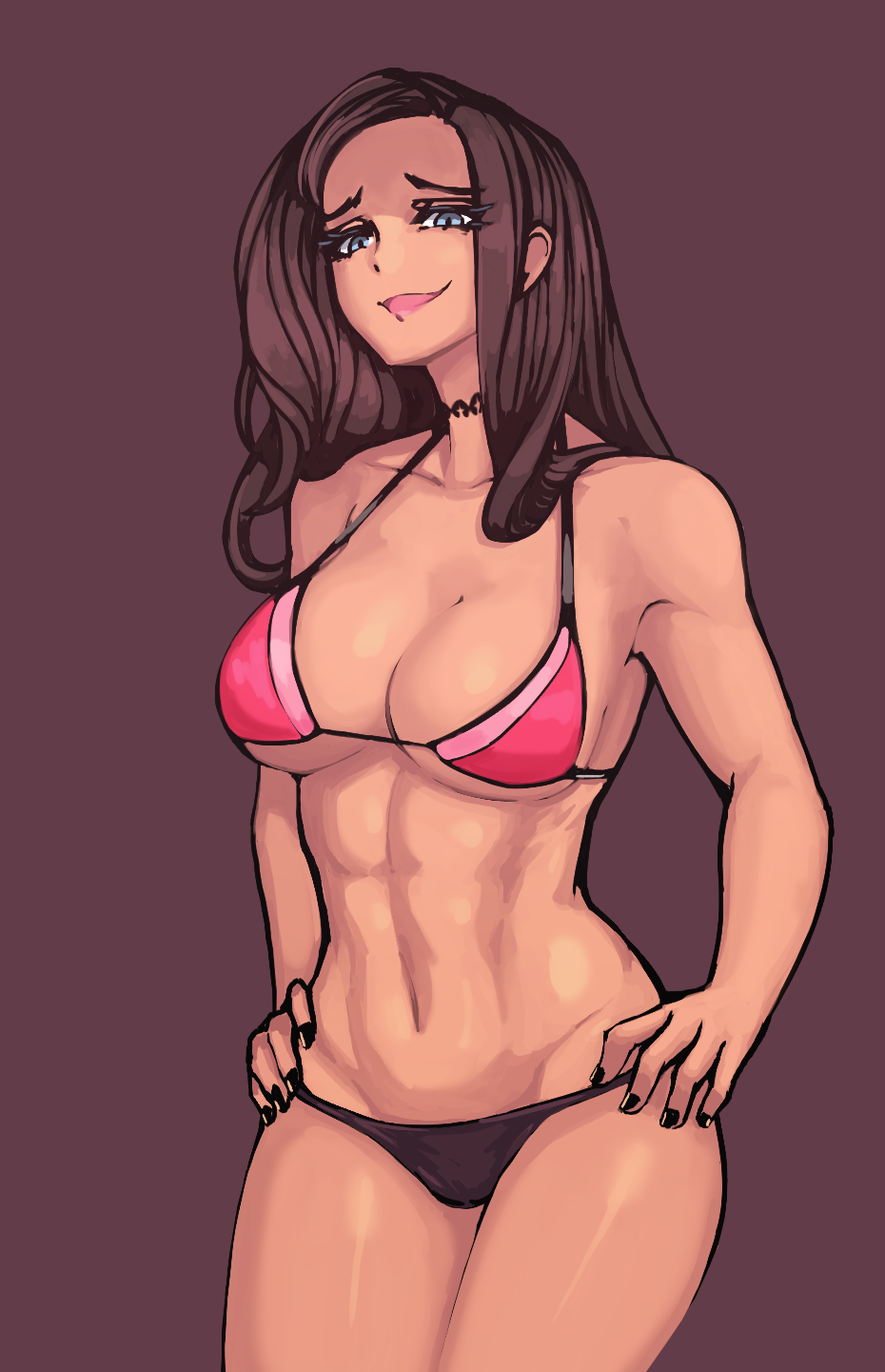 1girl abs bikini black_nails blue_eyes breasts brown_hair female_focus highres large_breasts long_hair looking_at_viewer nail_polish nicecream open_mouth original smile smug solo swimsuit toned