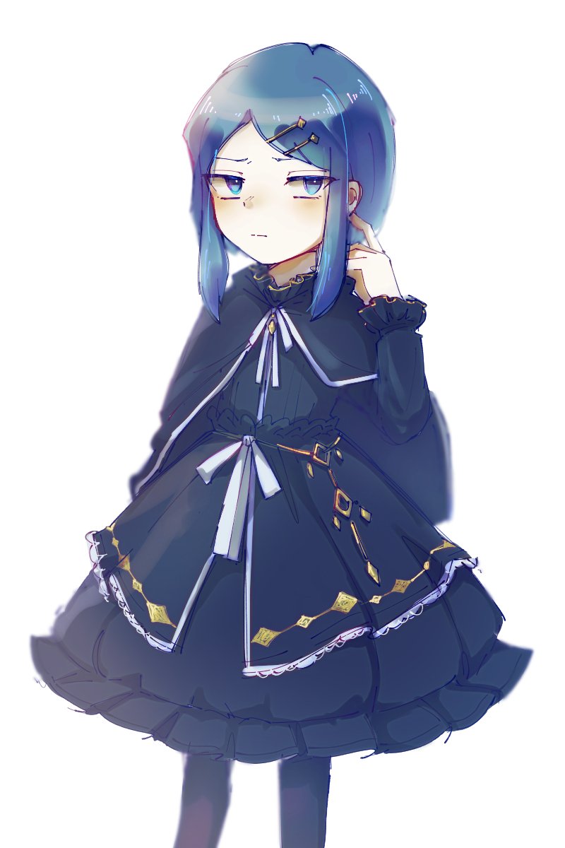 1other annoyed averting_eyes black_coat black_dress blue_eyes coat dress hair_ornament hand_on_own_ear highres library_of_ruina lolita_fashion pale_skin porccu_200g project_moon short_hair simple_background solo bari_(project_moon) white_background