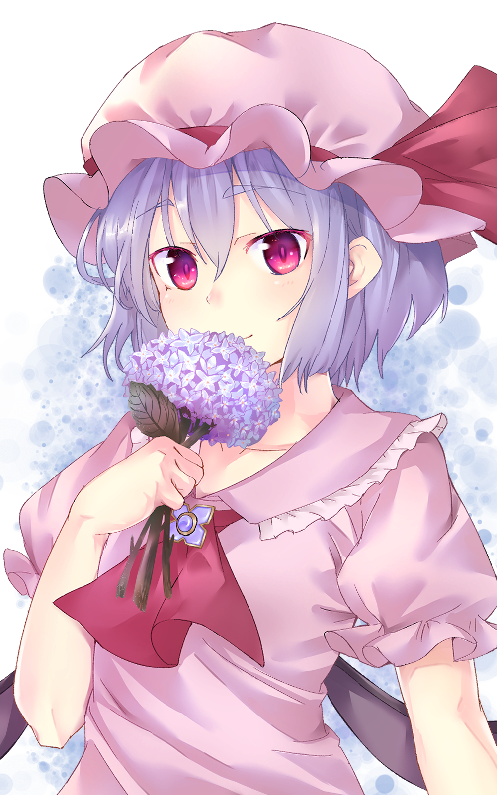 1girl arm_up ascot bat_wings blue_background blue_hair breasts brooch covering_own_mouth doitsuudon female_focus flower gradient_background hair_between_eyes hat hat_ribbon highres holding holding_flower hydrangea jewelry looking_at_viewer mob_cap pink_hat pink_shirt puffy_short_sleeves puffy_sleeves red_ascot red_eyes remilia_scarlet ribbon shirt short_hair short_sleeves slit_pupils small_breasts smile solo thick_eyebrows touhou upper_body white_background wings