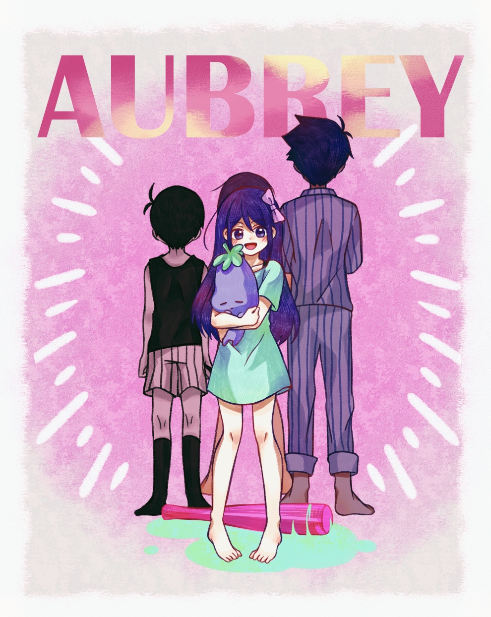 1girl 3boys :d antenna_hair aubrey_(headspace)_(omori) aubrey_(omori) back-to-back bare_arms bare_shoulders barefoot baseball_bat black_hair black_socks black_tank_top blush border bow brothers character_name collarbone commentary_request double-parted_bangs dress full_body grass green_dress hair_between_eyes hair_bow hatching_(texture) hero_(headspace)_(omori) hero_(omori) highres holding holding_stuffed_toy kel_(headspace)_(omori) kel_(omori) kneehighs kneepits linglanjunying long_hair looking_at_viewer mr._plantegg_(omori) multiple_boys no_shoes omori omori_(omori) open_mouth pants pigeon-toed pink_background pink_bow purple_eyes purple_hair shirt short_hair short_sleeves shorts siblings simple_background smile socks solo_focus standing striped_clothes striped_pants striped_shirt striped_shorts stuffed_eggplant stuffed_toy tank_top vertical-striped_clothes vertical-striped_pants vertical-striped_shirt vertical-striped_shorts white_border white_pants white_shirt white_shorts