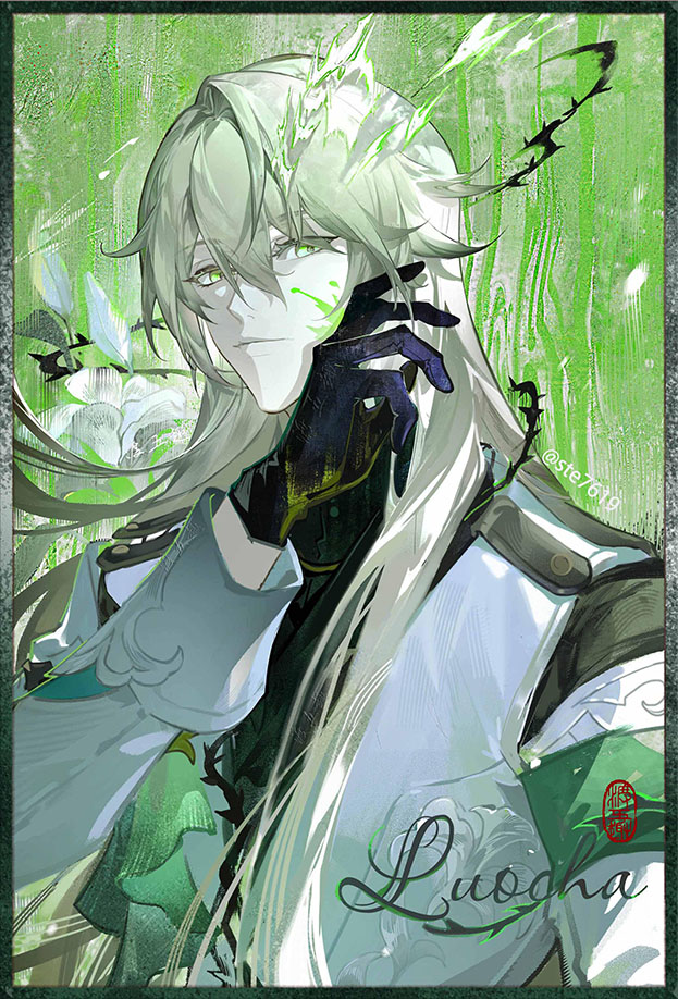 1boy black_gloves blonde_hair closed_mouth gloves green_eyes hair_between_eyes honkai:_star_rail honkai_(series) long_hair long_sleeves looking_at_viewer luocha_(honkai:_star_rail) male_focus solo ste7619