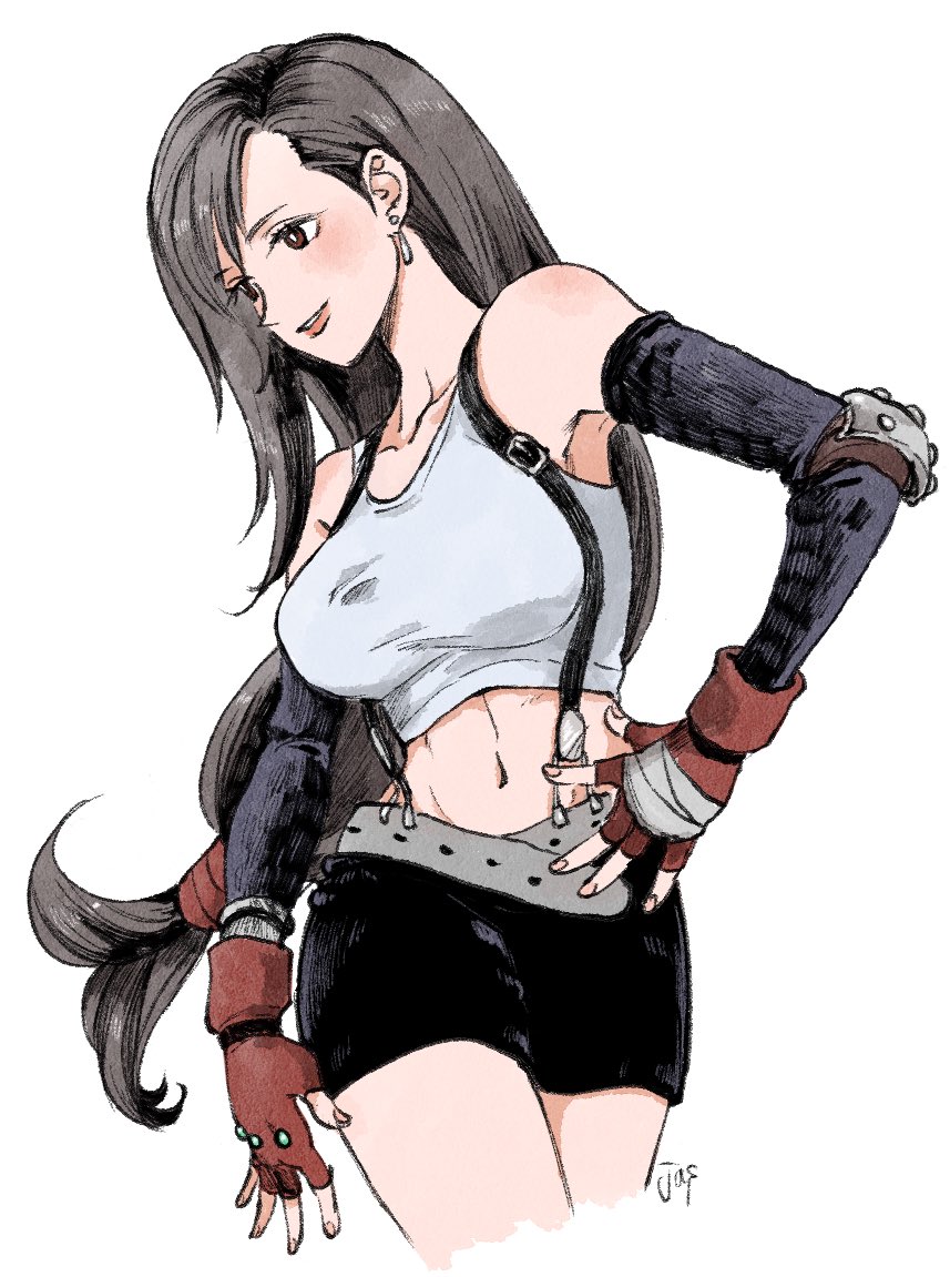 1girl armpit_peek bare_shoulders black_hair black_skirt black_sleeves blush breasts collarbone commentary cowboy_shot crop_top detached_sleeves earrings elbow_pads final_fantasy final_fantasy_vii fingerless_gloves gloves hair_behind_ear hand_on_own_hip jas_(jasjasjasart) jewelry large_breasts lips long_hair low-tied_long_hair materia midriff miniskirt navel parted_lips red_gloves single_earring single_elbow_pad skirt solo suspender_skirt suspenders tank_top tifa_lockhart white_tank_top