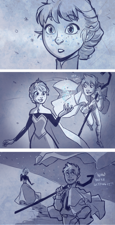 comic_strip crossover elsa_(frozen) jack_frost_(rise_of_the_guardians) monochrome snow