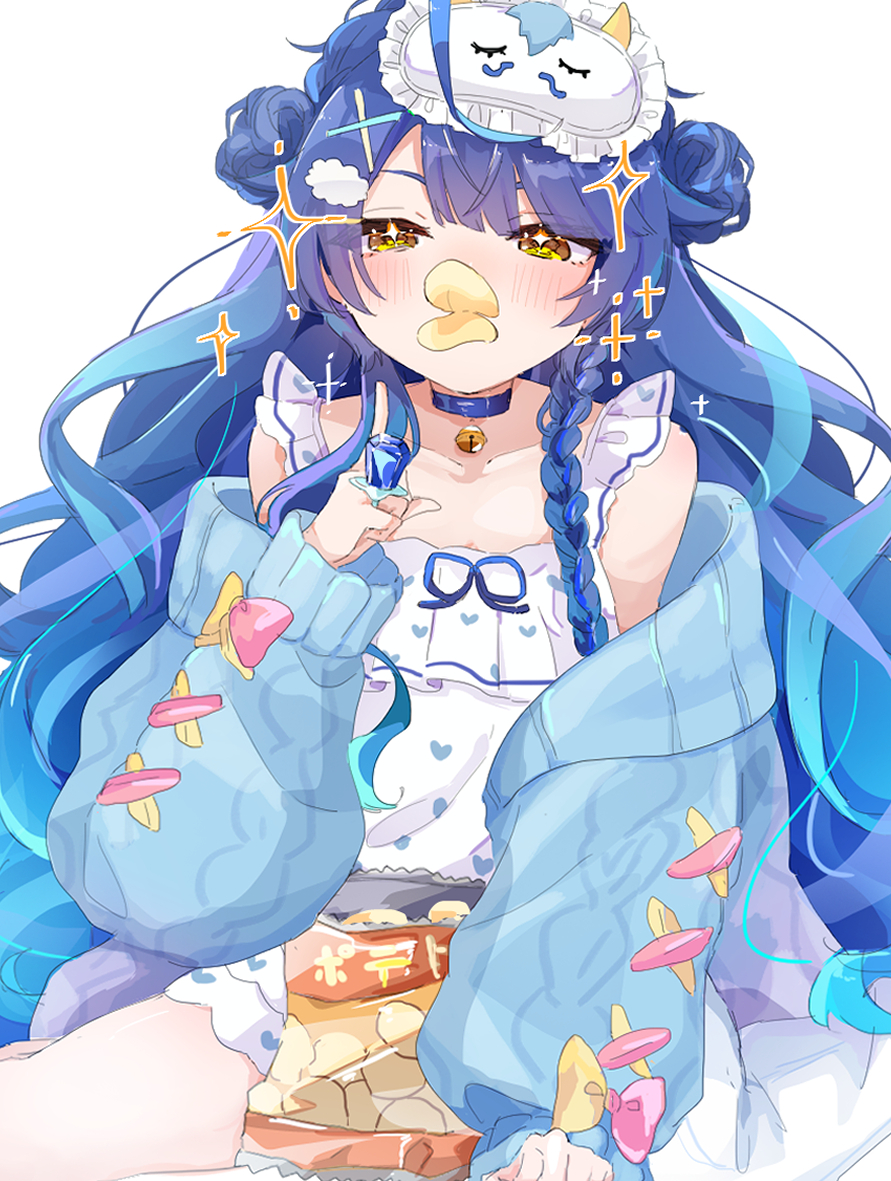 1girl amamiya_kokoro amamiya_kokoro_(6th_costume) bag_of_chips bell blue_hair blush chips_(food) collarbone emi537469 food food_in_mouth jingle_bell long_hair long_sleeves looking_at_viewer neck_bell nijisanji off_shoulder playing_with_food potato_chips sitting sleeves_past_wrists solo sparkle very_long_hair virtual_youtuber yellow_eyes