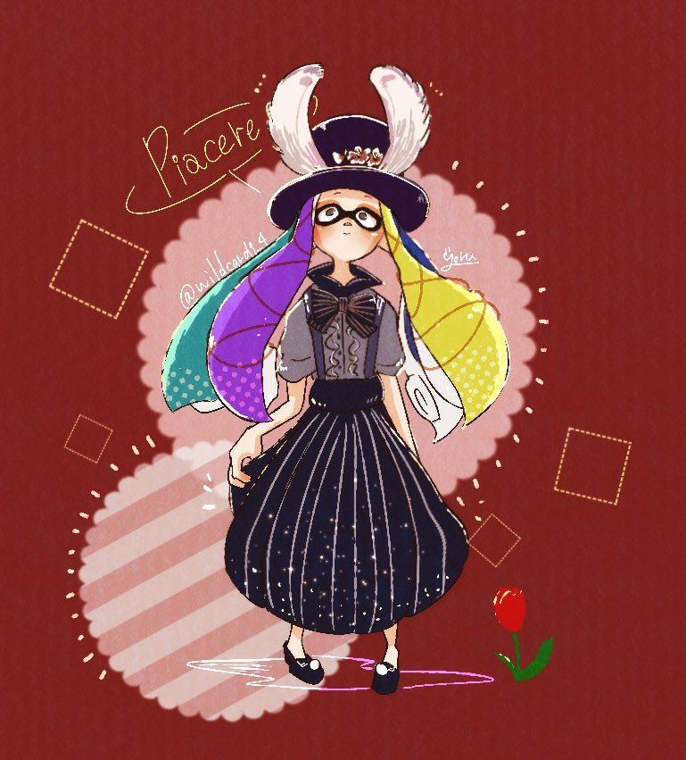 1girl aqua_hair black_bow black_bowtie black_footwear black_hat blonde_hair blue_hair blush bow bowtie domino_mask flower grey_eyes grey_shirt hat mask nintendo purple_hair red_flower shirt shirt_tucked_in shoes short_sleeves signature socks solo splatoon_(series) standing suction_cups tentacle_hair top_hat twitter_username white_socks wide_shot wildcard1_4 yoko_(splatoon)