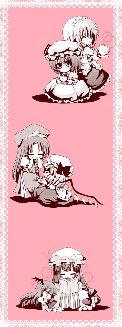 6+girls bad_id bad_pixiv_id book border chibi cup embodiment_of_scarlet_devil female_focus flandre_scarlet hat highres hong_meiling izayoi_sakuya koakuma lace lace_border maid monochrome multiple_girls open_book ornate_border patchouli_knowledge pink_background pink_theme reading remilia_scarlet saliva sleeping star_(symbol) teacup teapot touhou zashiki_usagi