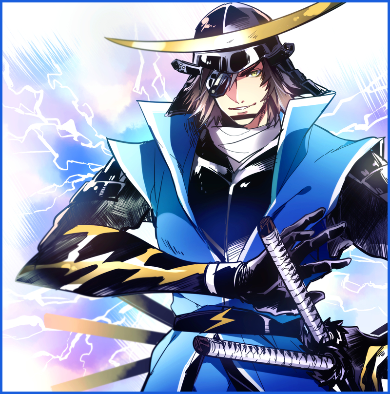 1boy armor belt black_gloves blue_border border brown_hair date_masamune_(sengoku_basara) eyepatch gloves grin helmet japanese_armor kabuto_(helmet) katana kkkaaaayyy lightning looking_at_viewer male_focus sengoku_basara sheath sheathed short_hair smile solo sword upper_body weapon yellow_eyes