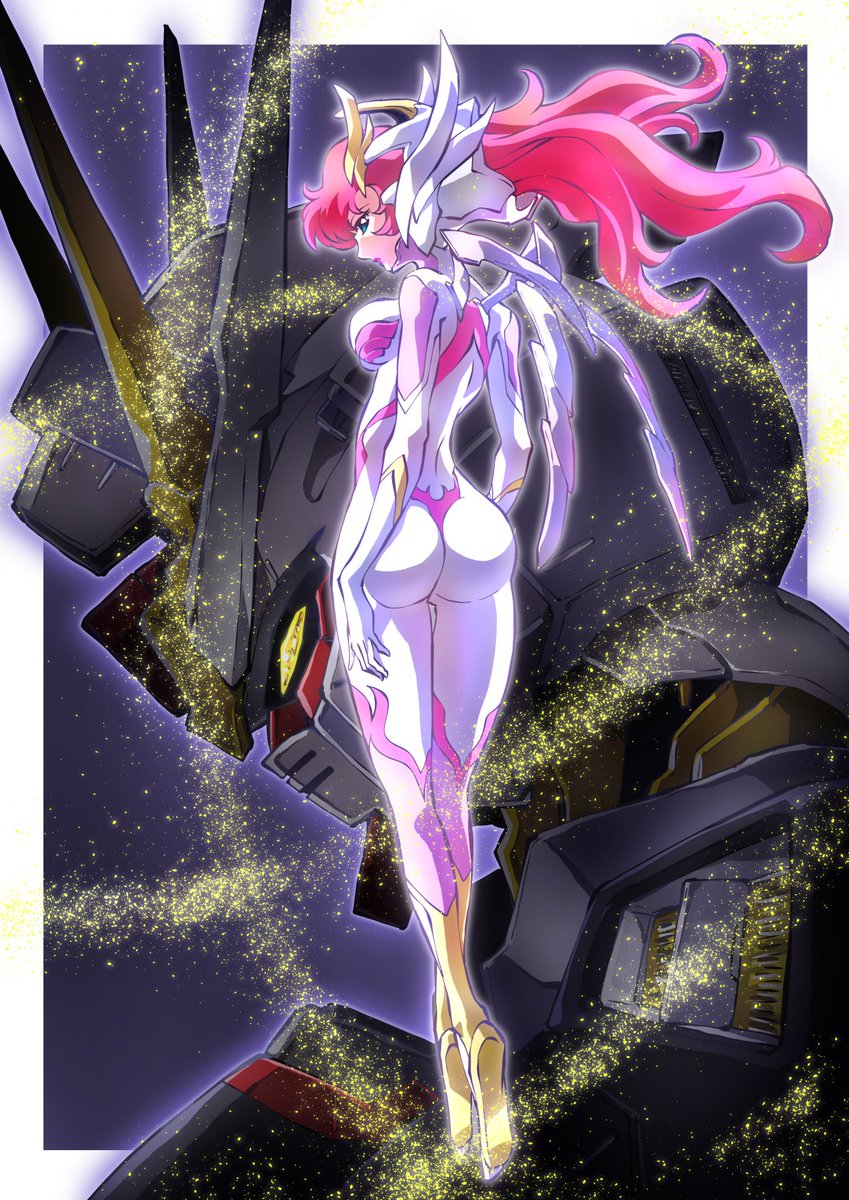 1girl 1other alternate_costume ass blue_eyes bodysuit breasts glowing gundam gundam_seed gundam_seed_freedom hair_ornament highres lacus_clyne light_particles long_hair looking_at_viewer mecha mecha_pilot_suit mechanical_wings mighty_strike_freedom_gundam mobile_suit normal_suit official_alternate_costume pilot_suit pink_hair robot science_fiction taiga_hiroyuki v-fin very_long_hair wings yellow_eyes