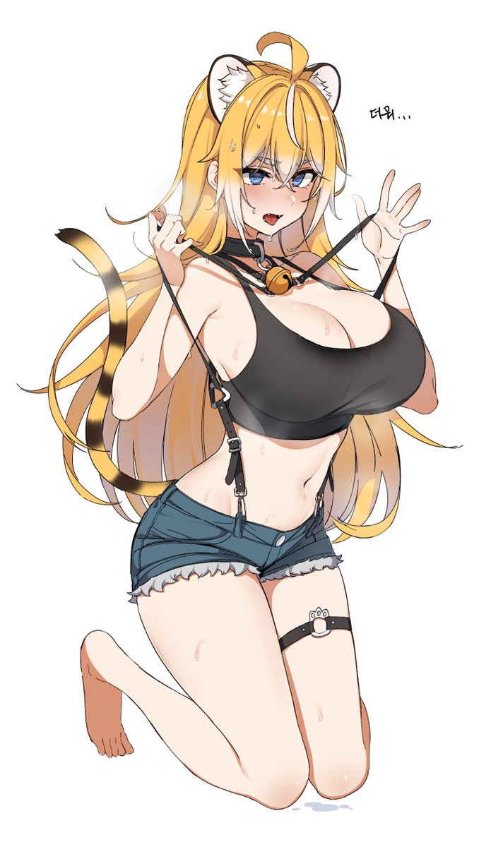 1girl animal_ears armpit_crease bad_tag black_tank_top blonde_hair blue_eyes blush breasts canine_tooth cat_ears curvy dickbomber eyelashes feet full_body hair_between_eyes hand_up highres hoshia_(vtuber) huge_breasts indie_virtual_youtuber legs long_hair looking_at_another multicolored_hair open_mouth short_shorts shorts sidelocks simple_background sleeveless solo stomach tail tank_top thighs tongue tongue_out two-tone_hair virtual_youtuber wet white_background white_hair