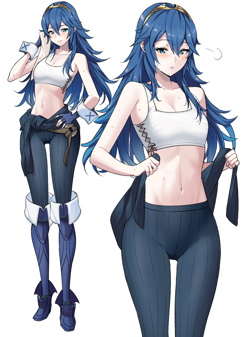 1girl ameno_(a_meno0) blue_hair breasts curvy fire_emblem fire_emblem_awakening long_hair lucina_(fire_emblem) navel ribbed_legwear small_breasts solo sports_bra sweatdrop tiara