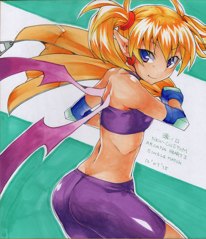 1girl aq_interactive arcana_heart atlus bad_id bad_pixiv_id bat_wings bike_shorts blonde_hair blue_eyes examu female_focus lilica_felchenerow marker_(medium) midriff pointy_ears short_hair smile solo torimaru traditional_media twintails wings