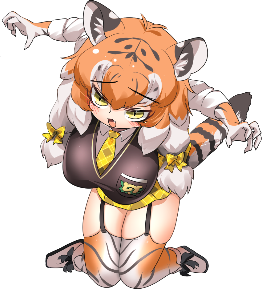 1girl animal_ears animal_print arms_up black_hair black_vest blush bow breasts collared_shirt commentary_request fang full_body garter_straps gloves grey_thighhighs hair_between_eyes hair_bow kemono_friends kemono_friends_3 kneeling large_breasts lets0020 long_hair looking_at_viewer medium_bangs miniskirt multicolored_hair necktie open_mouth orange_hair orange_thighhighs plaid_bow plaid_clothes plaid_necktie print_gloves print_thighhighs shirt siberian_tiger_(kemono_friends) simple_background skirt solo stiff_tail tail thighhighs tiger_ears tiger_girl tiger_print tiger_tail transparent_background variant_set vest white_hair white_shirt yellow_bow yellow_eyes yellow_necktie