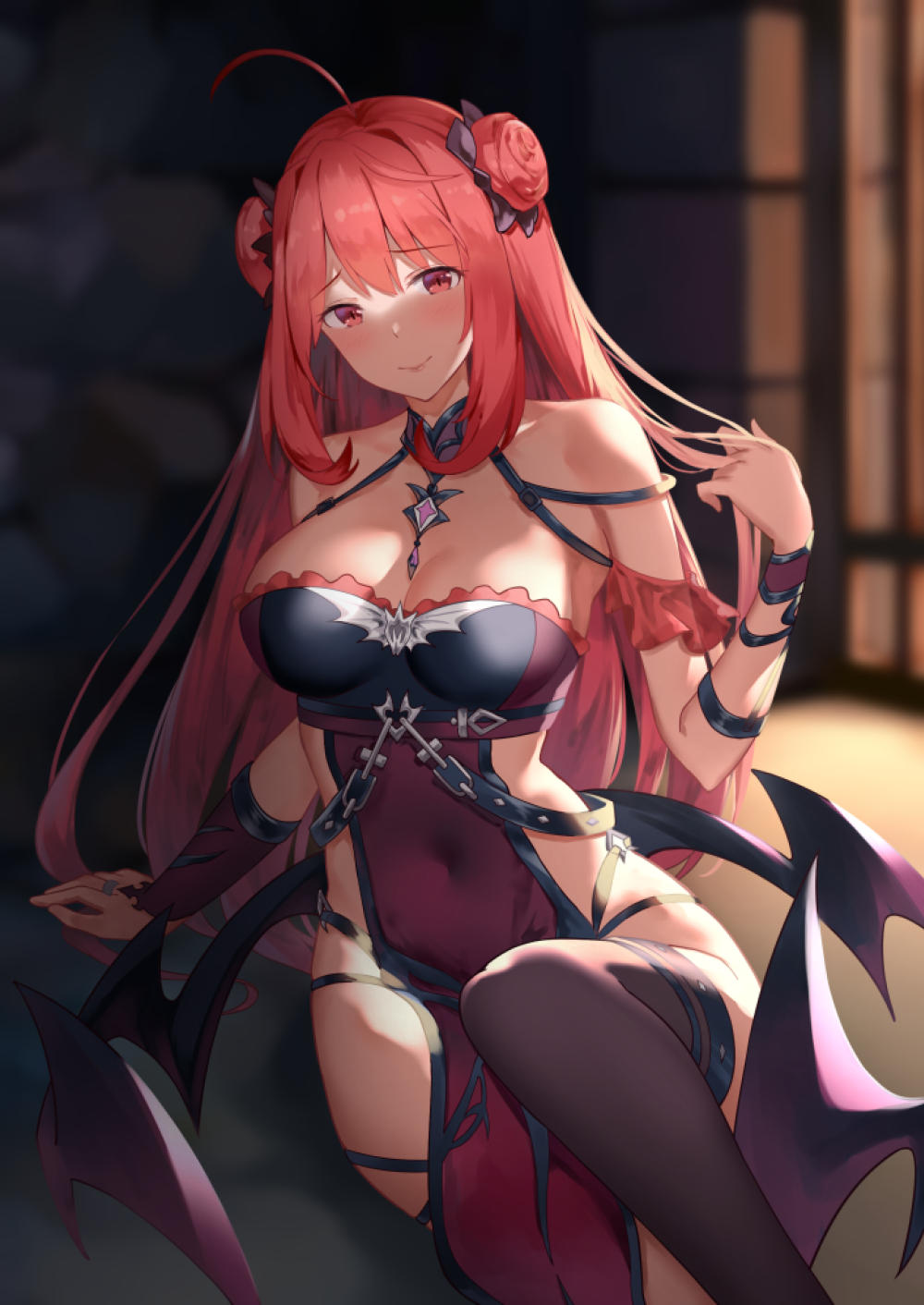 1girl ahoge arm_support bare_shoulders blurry breasts cleavage commentary_request covered_navel demon_wings depth_of_field double_bun dress erze_(king&#039;s_raid) hair_bun hand_up highres king&#039;s_raid large_breasts long_hair looking_at_viewer pelvic_curtain red_eyes red_hair revision sitting smile solo suzuame_yatsumi thighhighs very_long_hair wings