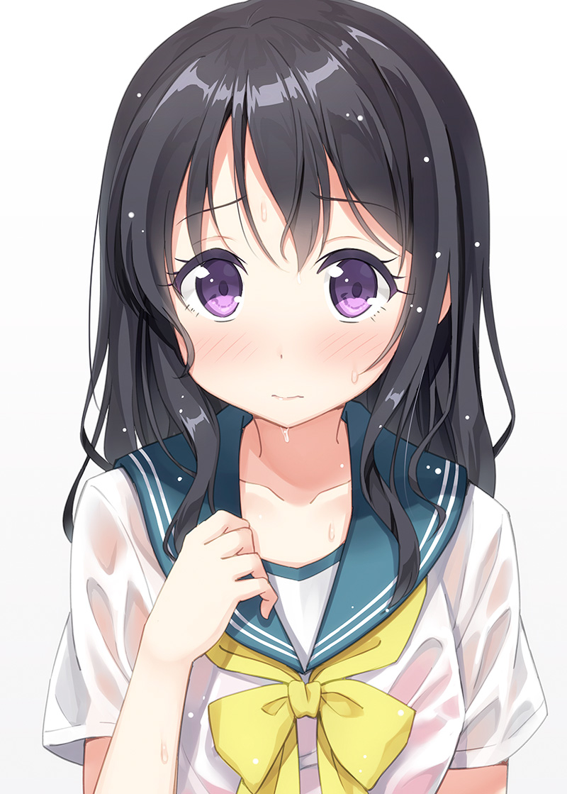 1girl 3: black_hair blush collarbone colored_eyelashes eyelashes female_focus gradient_background hyuuga_azuri long_hair looking_at_viewer original purple_eyes school_uniform serafuku simple_background solo upper_body wet wet_clothes wet_hair white_background