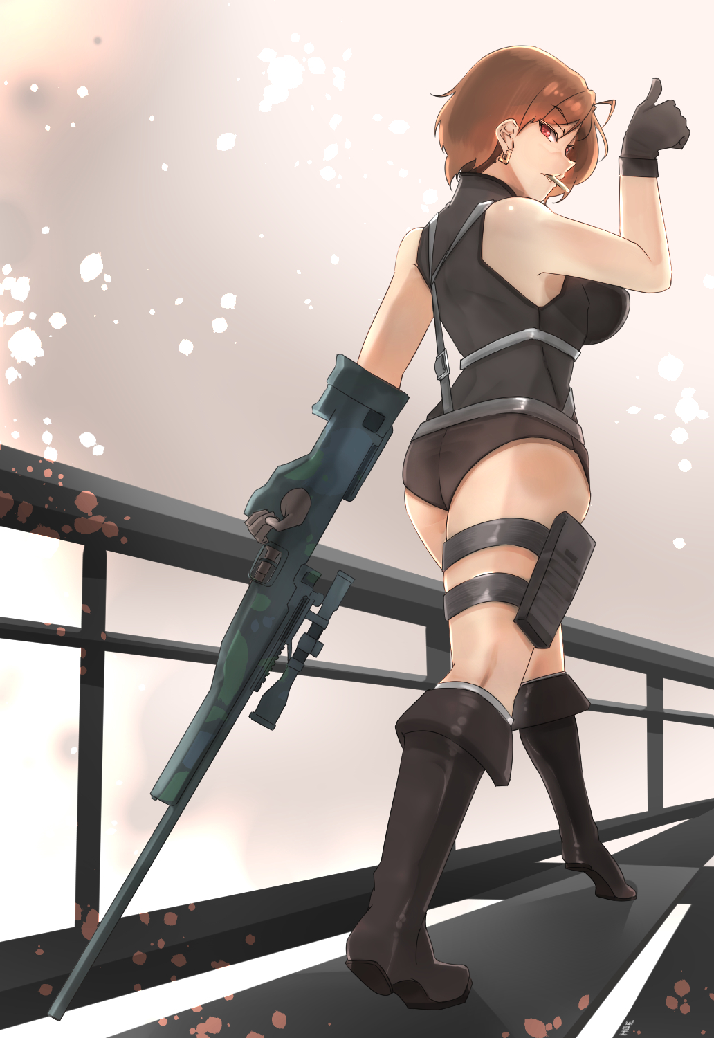 1girl ahoge ai_arctic_warfare ass bare_shoulders black_gloves black_leotard bodysuit bolt_action breasts dantehoe9574 dino_crisis earrings full_body gloves gun highres holding holding_gun holding_weapon jewelry large_breasts leotard looking_at_viewer red_eyes red_hair regina_(dino_crisis) rifle short_hair sideboob single_earring skin_tight sniper_rifle solo thumbs_up walking weapon