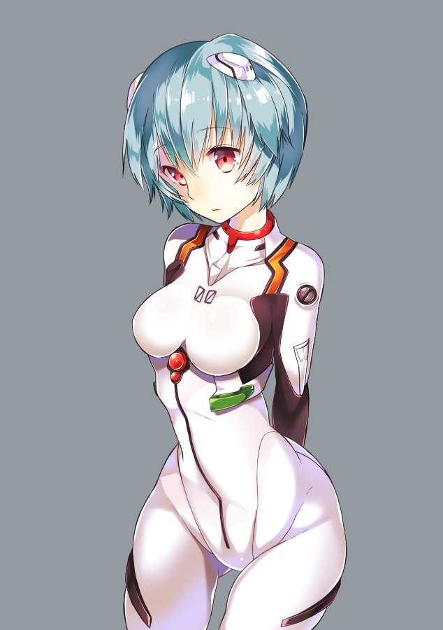 1girl ayanami_rei blue_hair bodysuit chitetan female_focus interface_headset mecha_pilot_suit neon_genesis_evangelion plugsuit red_eyes short_hair simple_background solo standing